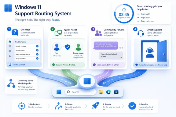 Windows 11 Support Routing System infographic showing guided help, quick assist, forums, and direct support.