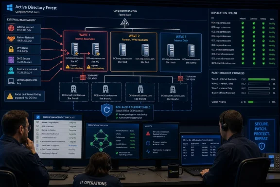 IT operations team reviewing an Active Directory forest replication and patch rollout dashboard on monitors.