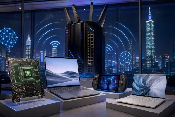 Futuristic computer hardware display with router-like device, laptops, and city skyline at night.