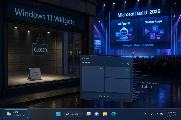 Microsoft Build 2026 stage scene with “Windows 11 Widgets” UI overlay and AI agent announcements.