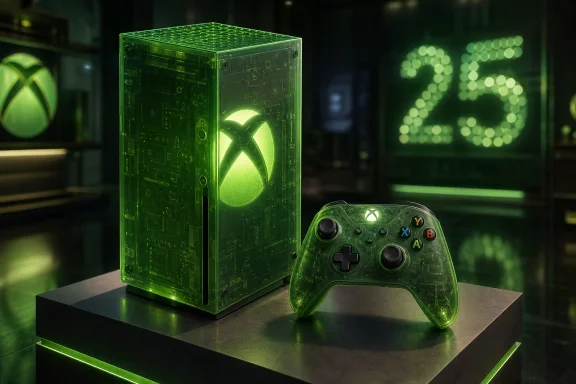 Neon-green gaming console and controller illuminated with an Xbox logo in a dark sci-fi lab.
