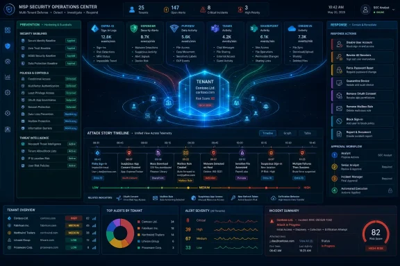 Cybersecurity SOC dashboard showing tenant risk analysis, threat timeline, alerts, and response actions for MSP.
