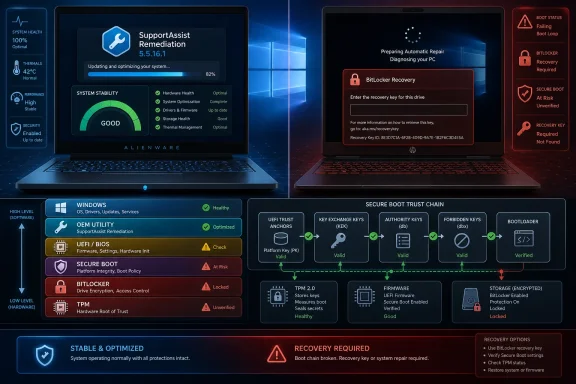 Alienware laptops show Secure Boot/BitLocker recovery status, including a failed boot loop and recovery key prompt.