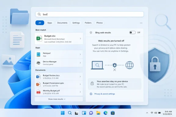 Windows search results show “bud” with Bing web results turned off for privacy.