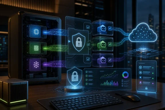 Network security concept shows cloud and lock icons with glowing digital data on server racks and monitors.