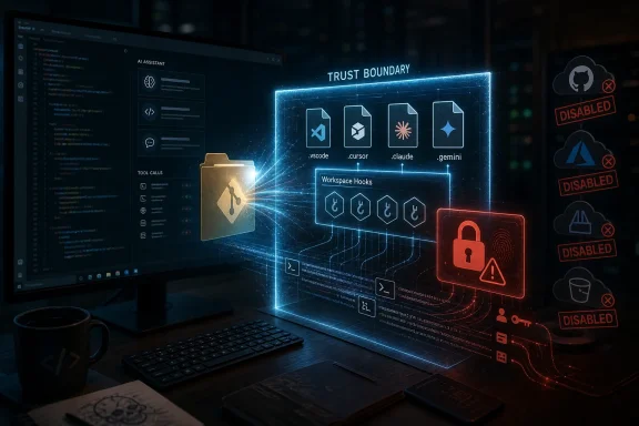 Futuristic AI assistant workspace with a “TRUST BOUNDARY” hologram, tool icons, and disabled security alerts.