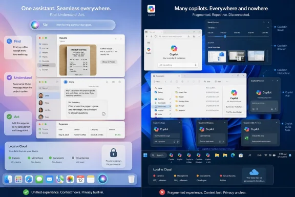 Promotional split-screen graphic comparing one unified AI assistant vs fragmented copilots across Windows apps.