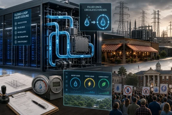 Smart power plant control system showing closed-loop liquid cooling and resource-saving metrics with crowd signage.
