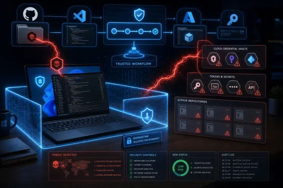 Futuristic cybersecurity dashboard shows a trusted workflow, scanning, and cloud credential vaults protecting tokens.