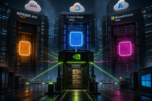 Futuristic data center aisle with cloud logos (AWS, Google Cloud, Azure) and glowing Nvidia server racks.