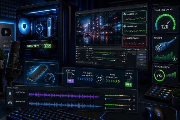 Gaming streaming setup with a PC, overlays showing frame-rate, encoding lag, and audio mixing analytics.