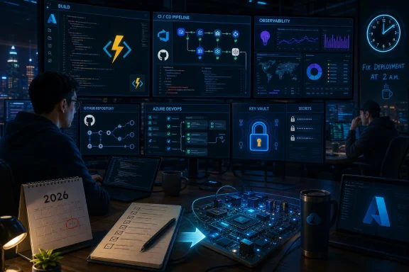 Tech team monitors CI/CD pipeline, observability, and deployment dashboards on multiple screens in a dark server room.