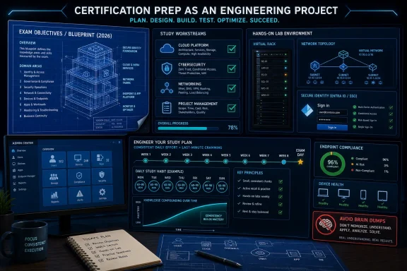 Futuristic dashboard shows an engineering certification study plan with exam objectives, lab setup, and progress tracking.