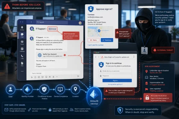 Security warning shows an IT support phishing sign-in with an imposter prompt and blocked access in an office setting.