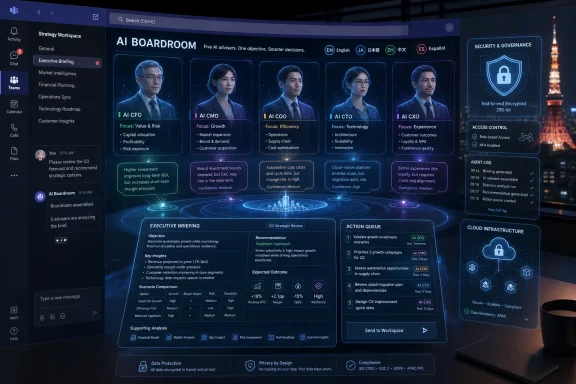 AI “Boardroom” dashboard with adviser avatars, security and governance panels in a futuristic interface.