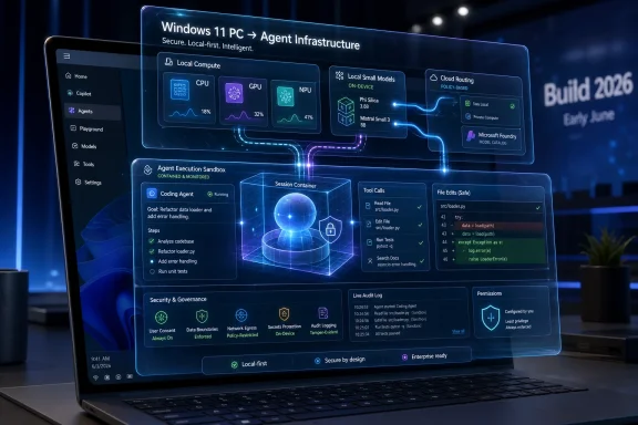 A laptop displays a futuristic Windows 11 agent infrastructure dashboard with local compute, sandbox, and security panels.