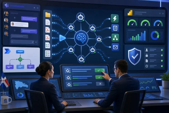 Two analysts monitor an AI network dashboard with connected robot icons and performance charts in a control room.