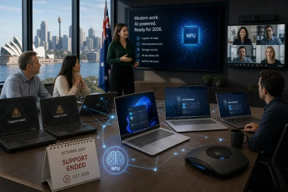 Business team meeting in a modern office with laptops and a screen advertising “Modern work” NPU AI features.