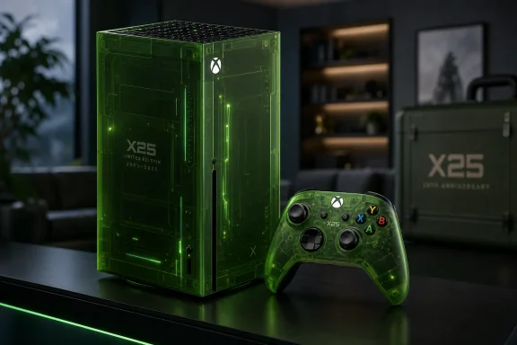 Green-lit Xbox Series X console and controller on a desk in a modern room.