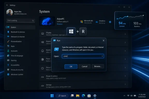 Windows Settings screen with a Run dialog open, showing [ICODE]cmd[/ICODE] and system performance stats.