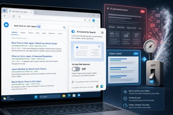 A laptop shows a search results page with an AI control panel and “OFF” toggle beside it.