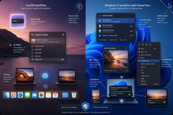 Split screen graphic comparing macOS and Windows 11 workflows, highlighting macOS features and PowerToys. Split screen graphic comparing macOS and Windows 11 workflows, highlighting macOS features and PowerToys.