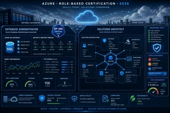Azure role-based certification dashboard for 2026, showcasing database administration, architecture, security, and monitoring metrics.