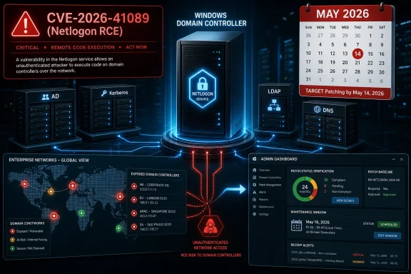 Cybersecurity dashboard highlighting CVE-2026-41089 Netlogon RCE risk and May 2026 patch schedule for domain controllers.
