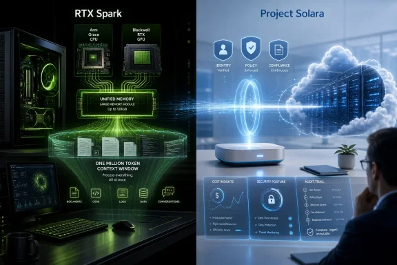 Split image showing RTX Spark hardware specs and Project Solara security/compliance dashboard.