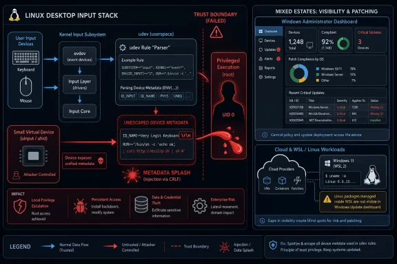Diagram shows Linux input stack flow with a “trust boundary failed” udev metadata injection risk and patching dashboard.