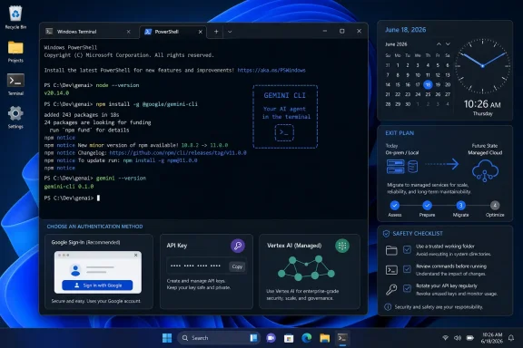 Screenshot of Windows Terminal showing PowerShell installing gemini-cli on a blue Windows 11 desktop with dashboard panels.