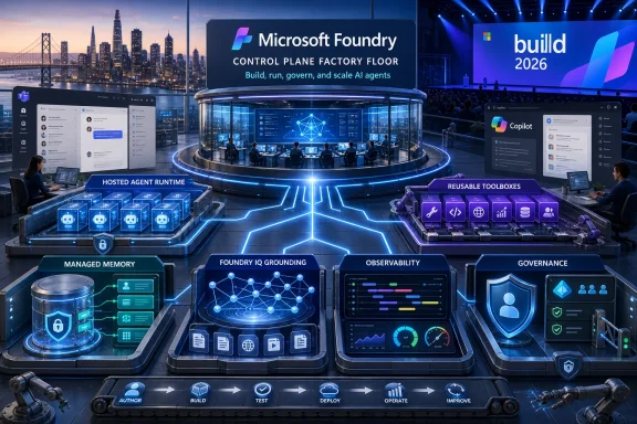 Futuristic Microsoft Foundry factory control room with AI agent tools, data panels, and stage branding.