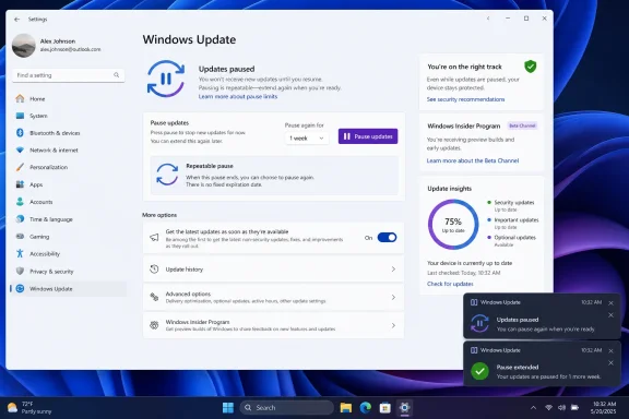 Windows Update settings screen showing updates paused and device status on a Windows 11 desktop.