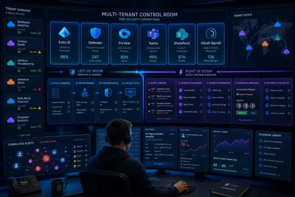 A security analyst monitors a multi-tenant control room dashboard on large screens.