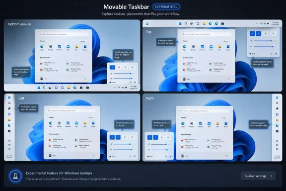 Mockups show Windows’ experimental movable taskbar positions with start menu and notification placement options. Mockups show Windows’ experimental movable taskbar positions with start menu and notification placement options.
