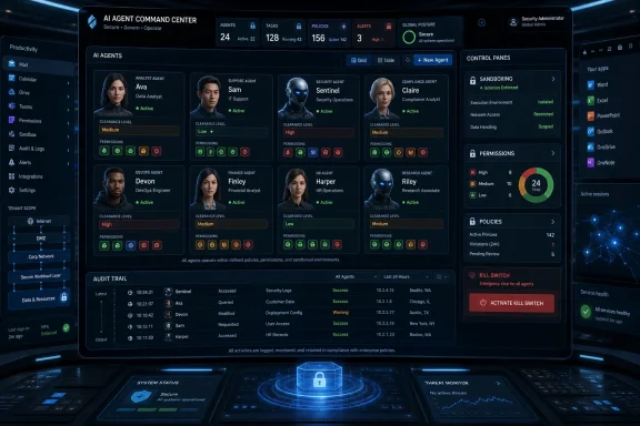 AI command dashboard with agent cards, security policies, audit logs, and a “kill switch” control panel. AI command dashboard with agent cards, security policies, audit logs, and a “kill switch” control panel.