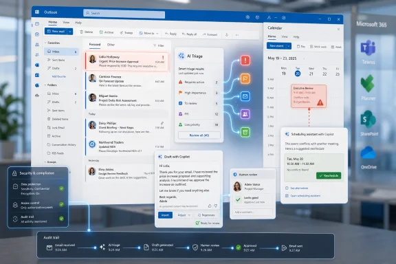 A futuristic Outlook interface shows AI email triage and calendar scheduling suggestions in Microsoft 365.