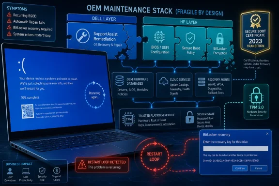 Dell OEM maintenance stack infographic showing a restart loop, secure boot, TPM 2.0, and BitLocker recovery prompt. Dell OEM maintenance stack infographic showing a restart loop, secure boot, TPM 2.0, and BitLocker recovery prompt.