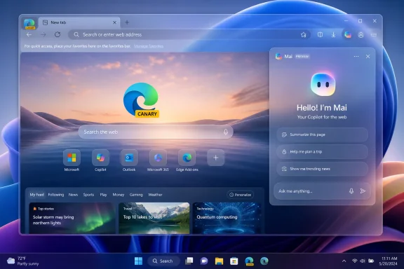 Screenshot of a futuristic Windows browser home page with Canary and Copilot “Hello! I’m Mai” assistant panel.