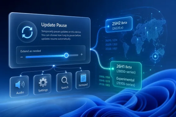 Digital UI showing “Update Pause” settings with beta versions and a world-tech network on a blue theme. Digital UI showing “Update Pause” settings with beta versions and a world-tech network on a blue theme.