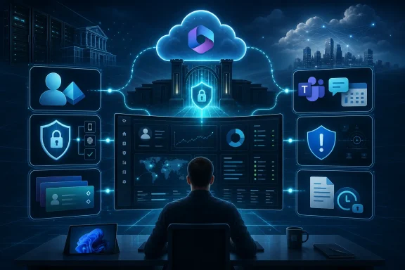 A man monitors secure cloud data with lock icons, warning symbols, and global network visuals.