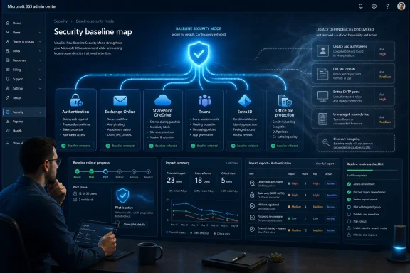 Screenshot of Microsoft 365 admin center security baseline map with enforced settings and impact reports.