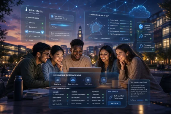 Group of students at night with an interactive “Lighthouse” career guidance UI overlay.