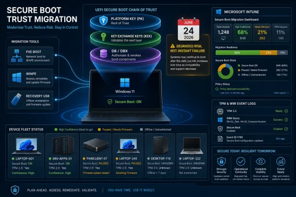 Secure Boot trust migration dashboard showing UEFI key chain status and device fleet security metrics. Secure Boot trust migration dashboard showing UEFI key chain status and device fleet security metrics.