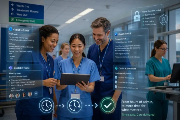 Healthcare workers in a hospital use AI co-pilot tools to streamline patient discharge planning.