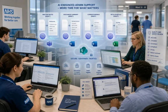 NHS staff collaborate in an office with an AI-enhanced admin workflow display for secured document handling.