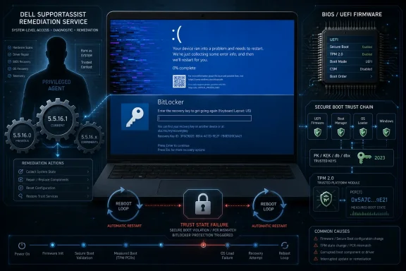 Dell support remediation UI shows BitLocker recovery after a secure boot trust-chain failure on a laptop screen. Dell support remediation UI shows BitLocker recovery after a secure boot trust-chain failure on a laptop screen.