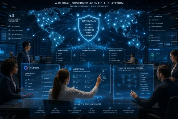 Team views a global AI governance control-plane dashboard with secure agent analytics over a world map.