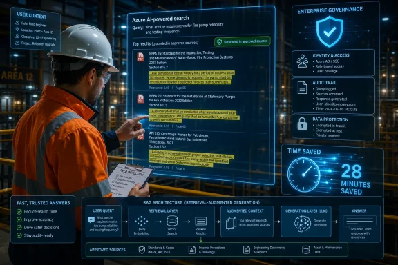 Oil-and-gas engineer in a factory views Azure AI search results for fire-pump reliability, with governance and time-saved metrics.