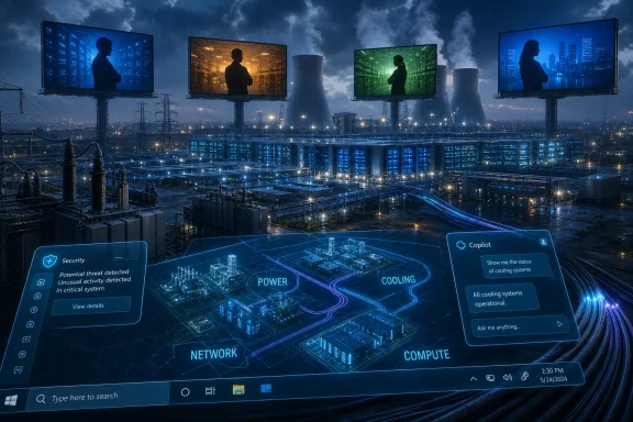 Night view of a data center with illuminated billboards and security/monitoring UI overlays.